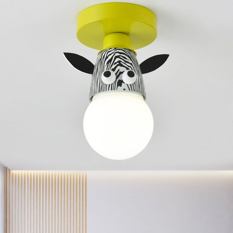 Single Bulb Bedroom Semi-Flush Mount Lighting Kids Yellow Ceiling Lamp with Giraffe / Monkey / Tiger Metal Shade