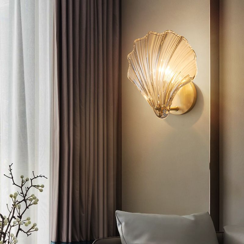 Solid Brass and Glass Wall Sconce 1 - Light Shell Shape Wall Light in Gold