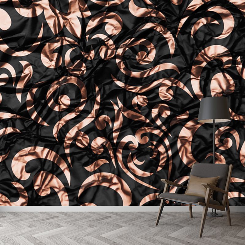 Dark Color Scrolls Foil Mural Stain-Resistant Nostalgic Living Room Wall Covering
