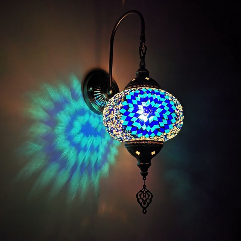 Decorative Sphere Wall Light Fixture 1 Bulb Stained Art Glass Wall Sconce Lamp in Red/Purple/Gold for Bedroom