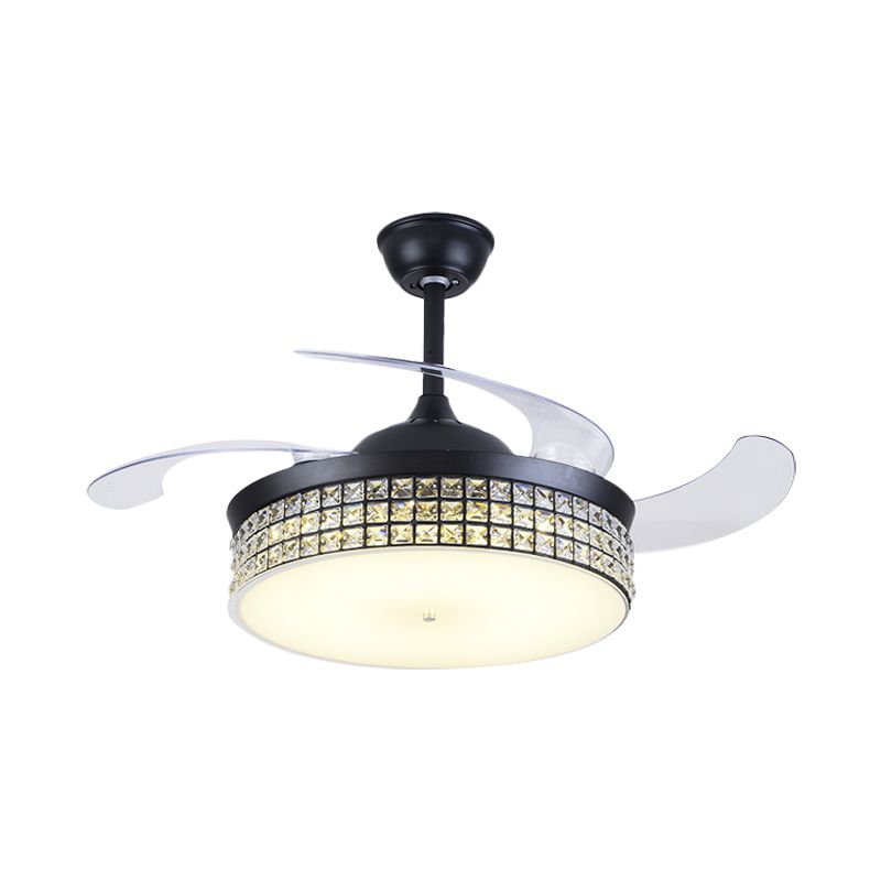 4-Blade-Drum Semi Flush Mount Light Contemporary CRYN CRISTAL 19 "Breite LED LED Black Hanging Lüfterlampe