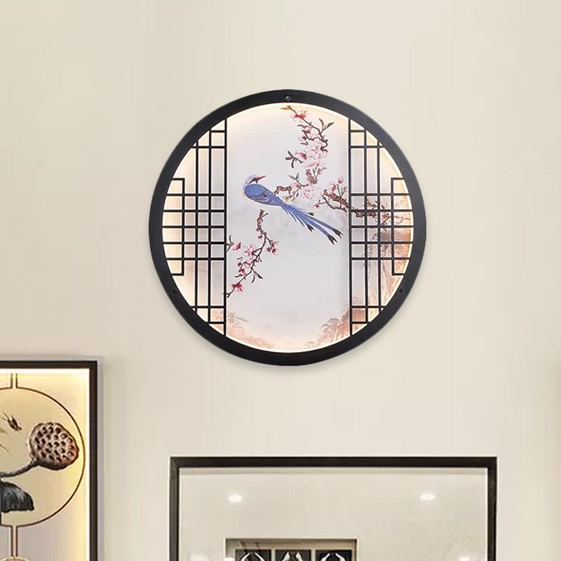 Round Ultrathin Bedroom Wall Art Fabric LED Chinese Mural Light with Bird and Flower Branch Pattern in Black