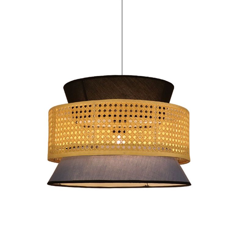 Novelty Asian Hourglass Pendant Lamp Bamboo Single Dining Room Ceiling Light with Mesh Screen in Beige