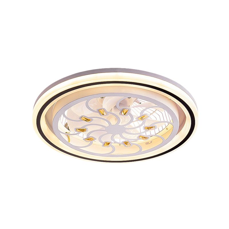 21.5' W LED Crystal Blocks Hanging Fan Lamp Contemporary White Round Dinning Room Semi Flush Light with 7 Blades
