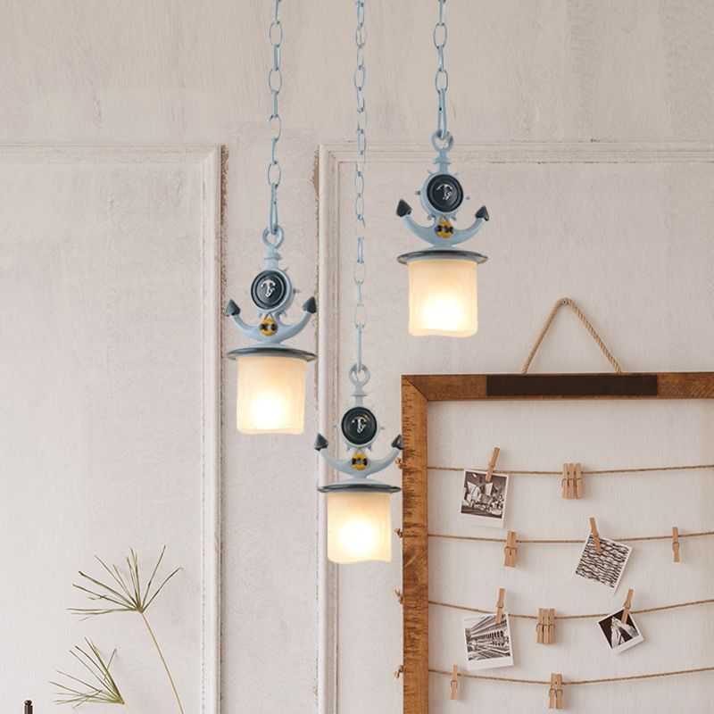 Bambini cluster cilindrici cluster a sospensione luminosa vetro opale 3 lampadine camera da letto giù illuminazione in blu con baldacchino rotondo/lineare