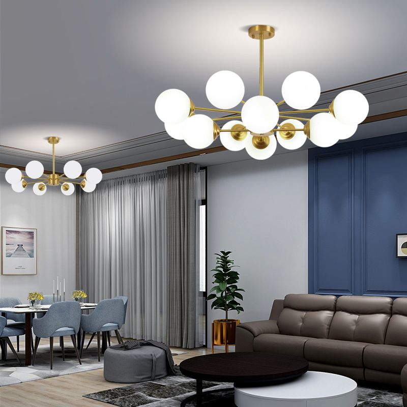 Gold Chandelier Lighting Fixtures Designer Style Multi-Head Suspension Light with White Glass Shade