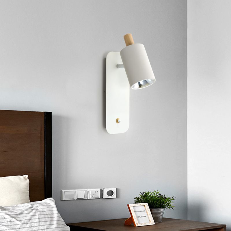 Cylindrical Wall Lighting Minimalist Metal 1 Head White/Grey Sconce Light Fixture with Wood Cap