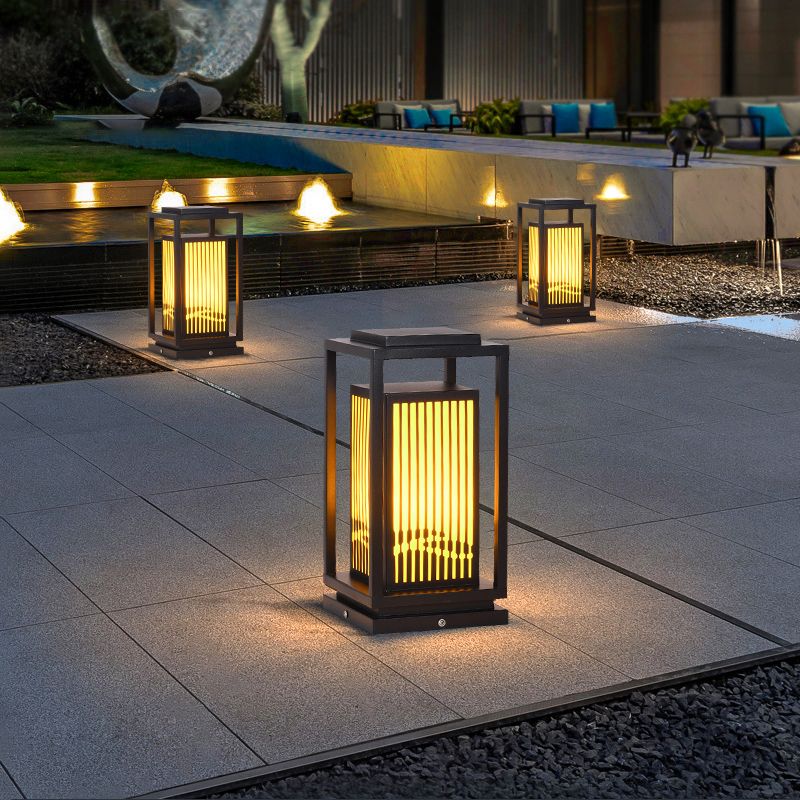 Rectangular Solar Pillar Lamp Modern Black Waterproof Light for Courtyard