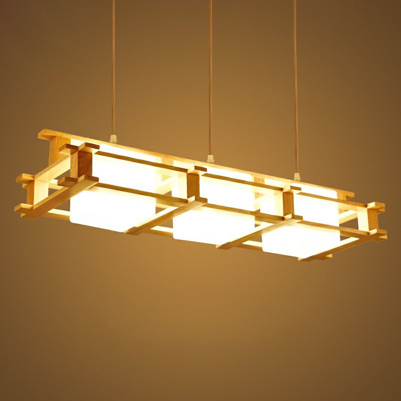 Milk Glass Rectangular Island Light Nordic 3 Lights Beige Suspension Lamp with Wooden Cage