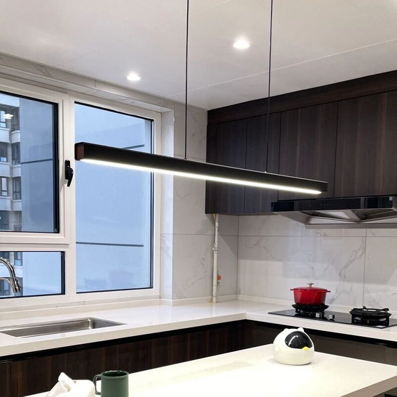 Line Shape Hanging Island Lights Modern Hanging Light Fixture in Black for Dining Room