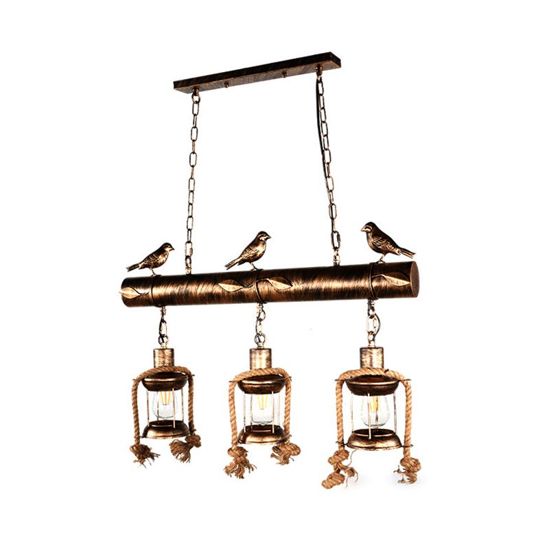 Metal Caged Island Pendant Light Coastal Style 3 Light Kitchen Hanging Lamp in Bronze/Weathered Copper with Bird