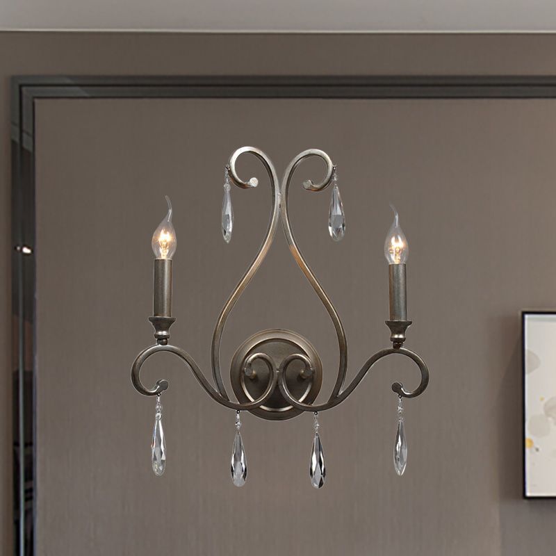 Kerzenwandlampe Vintage Stylish Schmiedeeisen 2 Leuchten Silber Wandleuchte mit klarem Kristallakzent