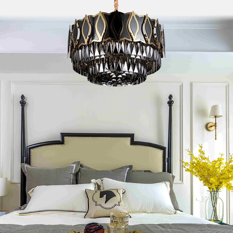 Black Round Chandelier Pendant Light Modernism 9 Lights Rectangle-Cut Crystal Suspension Light