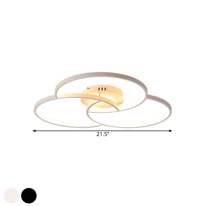 Intersecting Ring Semi-Flush Mount Modern Metal Black/White LED Ceiling Fixture in Warm/White Light, 21.5"/30" Width