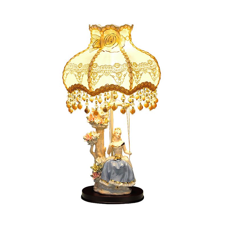 Lámpara de noche de nocturno pastoral romántico 1 Luz de mesa de dormitorio de bulbo en beige con diseño de figuras de cerámica