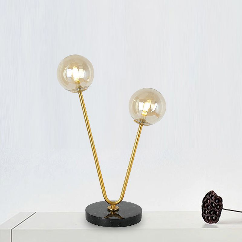 Lampe de table à abat-jour boule en verre moderne, 2 lumières, lampe de table dorée avec base en marbre