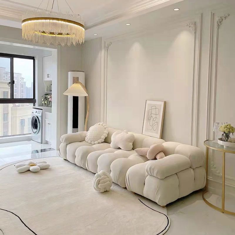 Contemporary Stationary Velvet Sofa Sewn Pillow Back White Settee