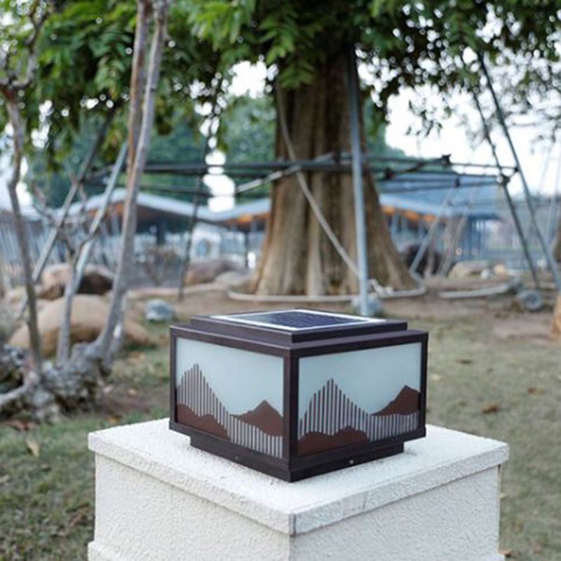 Rectangle Shape Metal Outdoor Light Modern 1 Light Solar Pillar Lamp in Brown