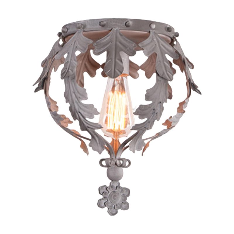 Single Inverted Leaf Crown Flush Light Rustic Grey/White/Gold Metal Ceiling Mounted Lamp for Corridor