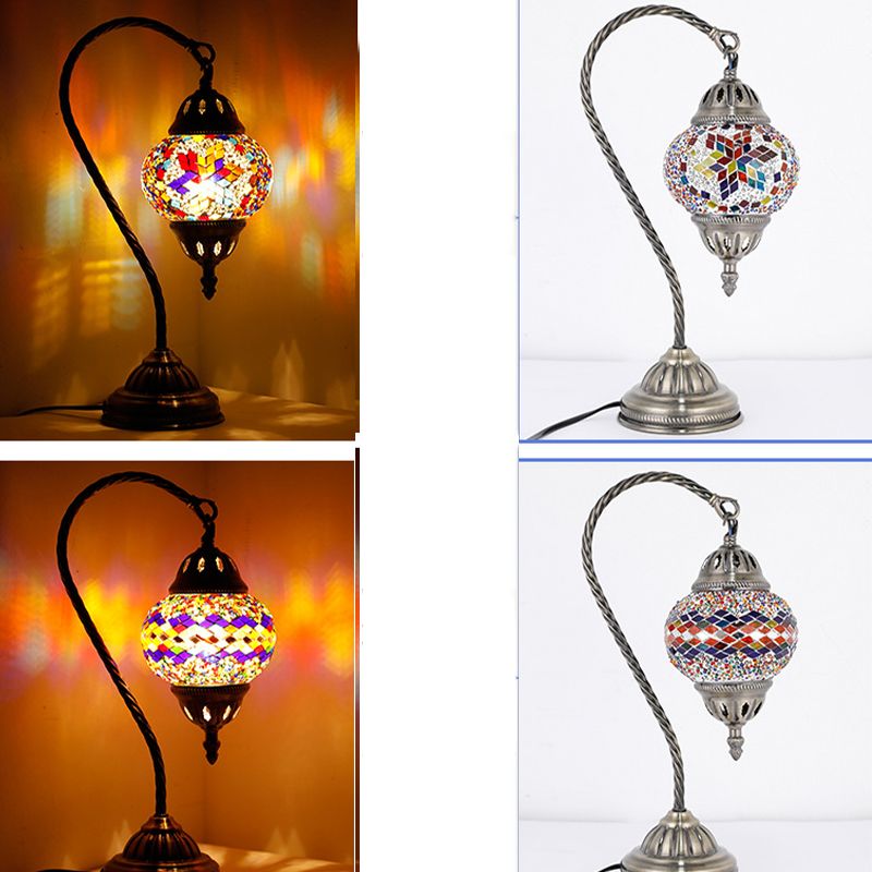 Asian Lantern Nightstand Light 1 Bulb Hand Cut Glass Night Lamp with Gooseneck Arm for Drawing Room