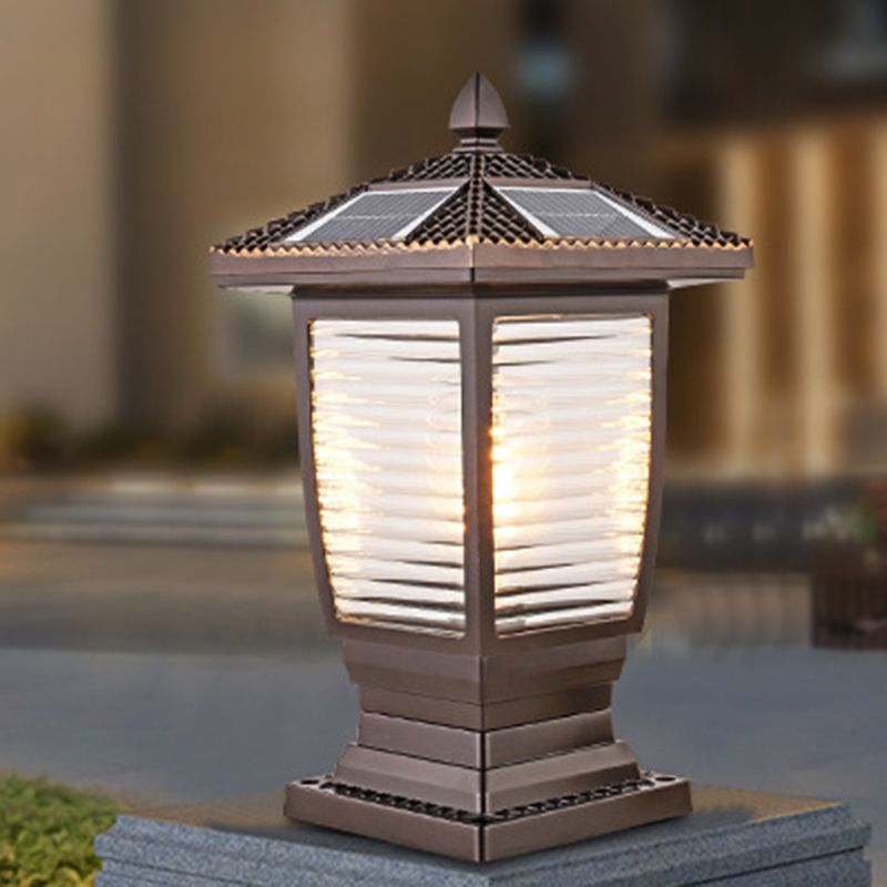 Contemporary Metal Pillar Lamp Pavilion Shape Outdoor Waterproof Light with Glass Shade