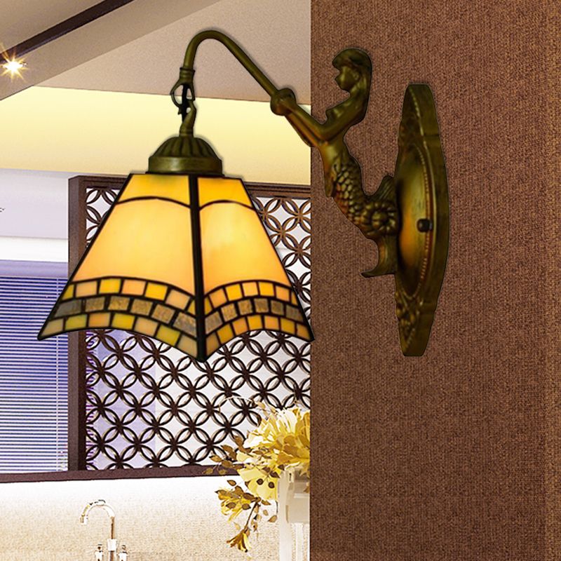 1 Head Wall Light Fixture Tiffany Trapezoid Blue Glass Sconce Lighting with Mermaid Backplate