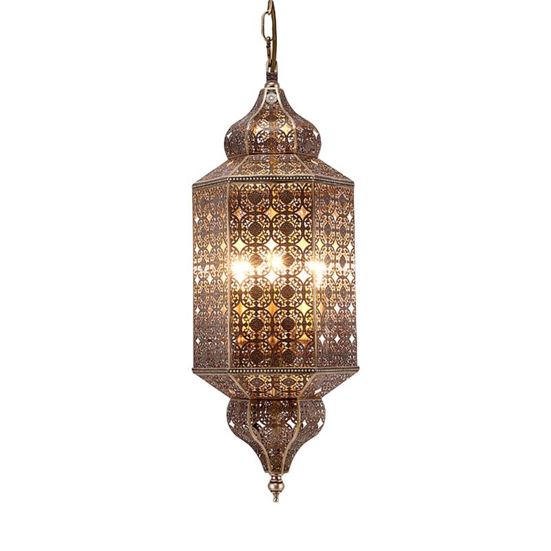 Arab Hexagonal Chandelier Light 3-Bulb Metal Hanging Pendant in Brass with Hollow-Out Design