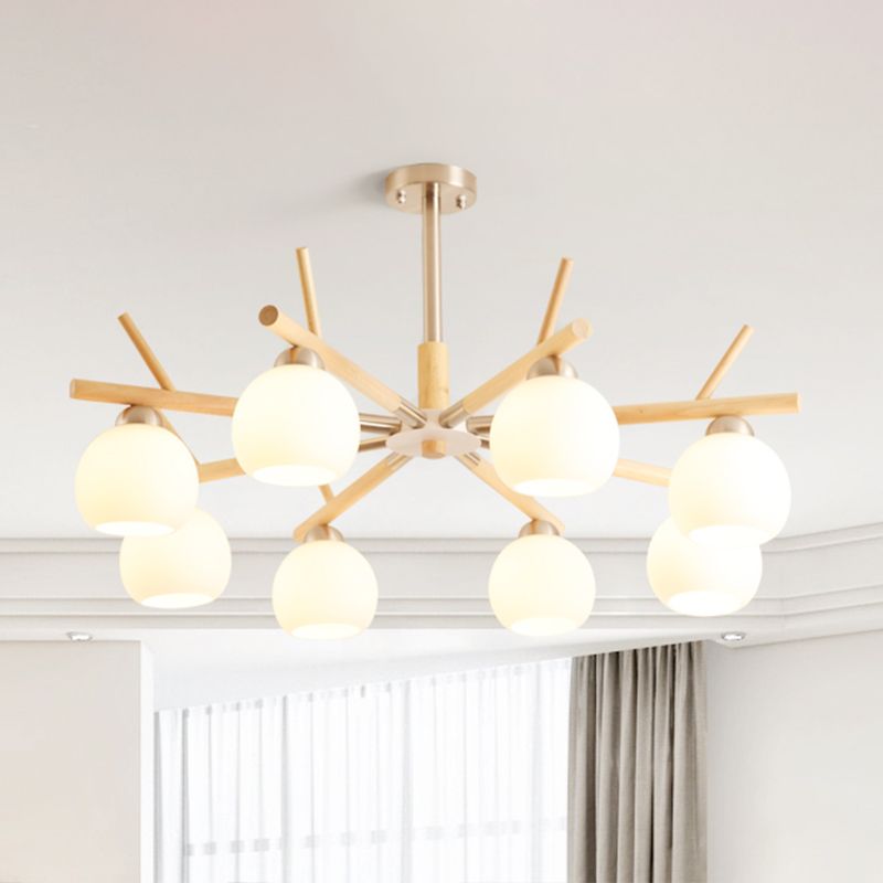 Dome Ceiling Chandelier Minimalist White Glass Living Room Hanging Light with Wood Twig Deco