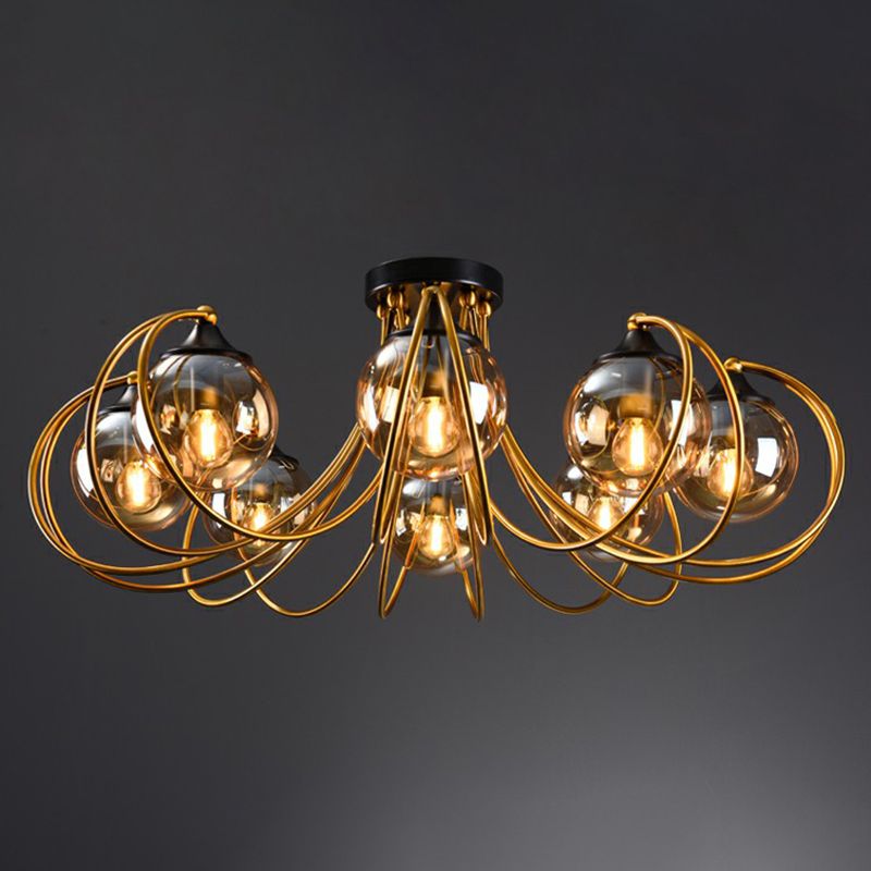Brass Finish Floral Semi-Flush Ceiling Light Postmodern Glass Flushmount Lighting for Living Room