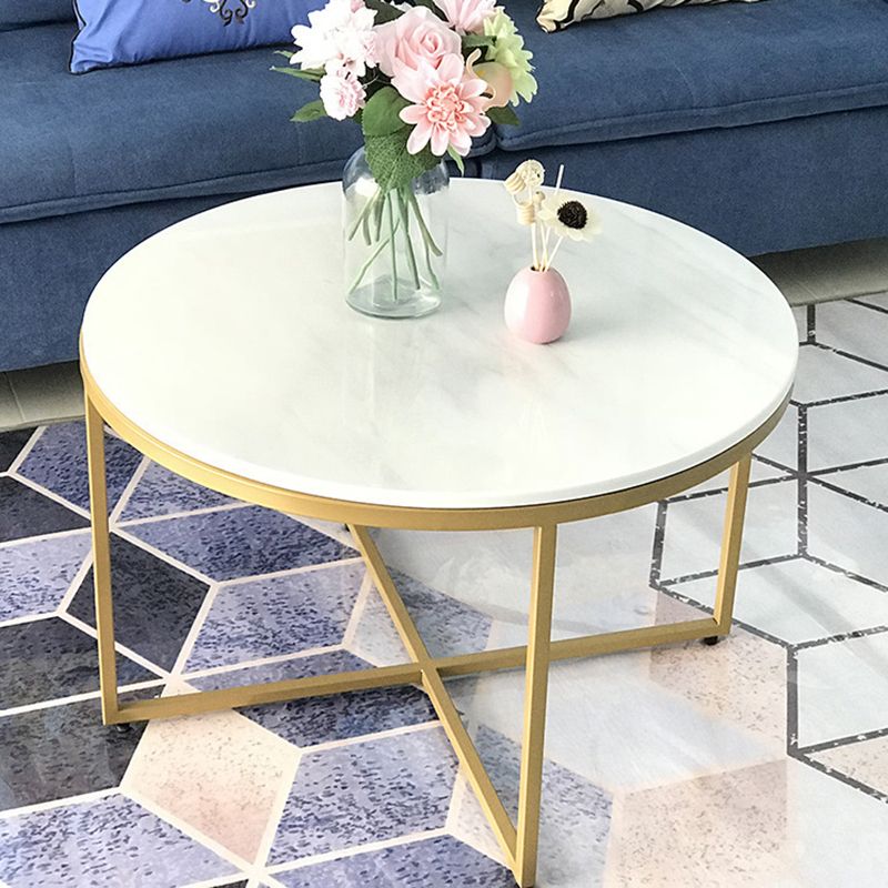 Modern Round Slate Coffee Table Cross Legs Cocktail Table in Gold