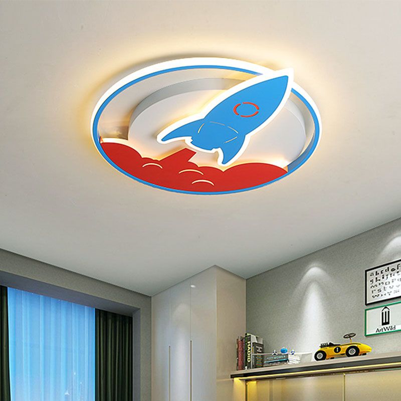 Acrylic Rocket Flush-Mount Light Fixture Kids 16"/19.5" W LED Blue Flushmount Ceiling Lamp for Boys Bedroom