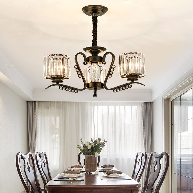 Minimalist Cylindrical Chandelier Tri-Sided Crystal Rod Hanging Light Fixture in Black