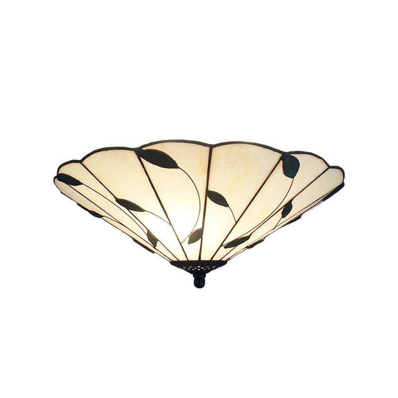 Geometrisch plafondlicht Tiffany gebrandschilderd glas 3 lichten spoeling plafondlicht met bladthema in wit/beige