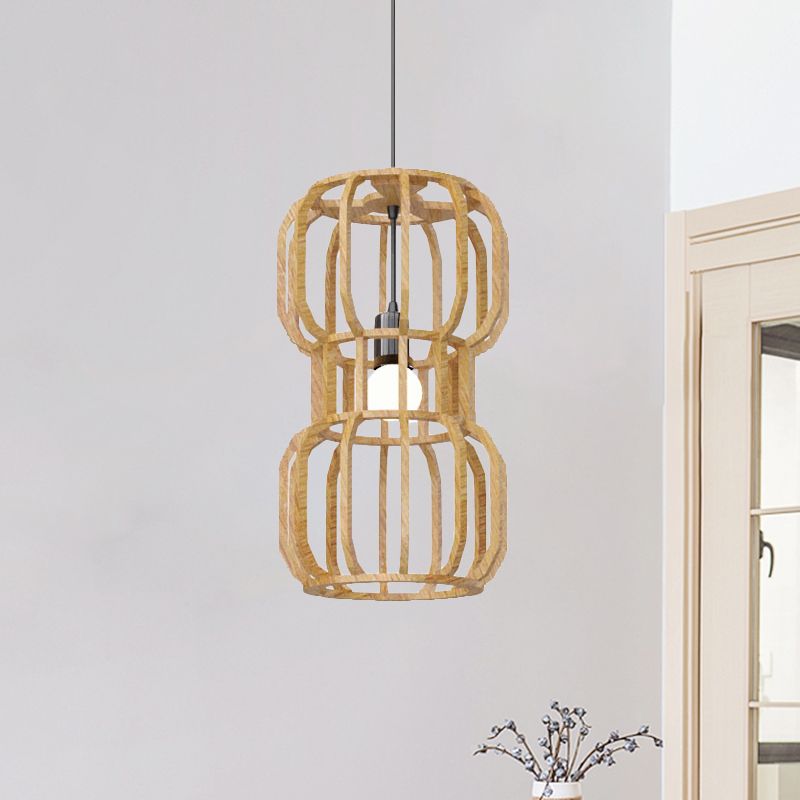 Wood Dumbbell Frame Pendant Light Asian 1 Head Beige Hanging Lamp Kit for Restaurant