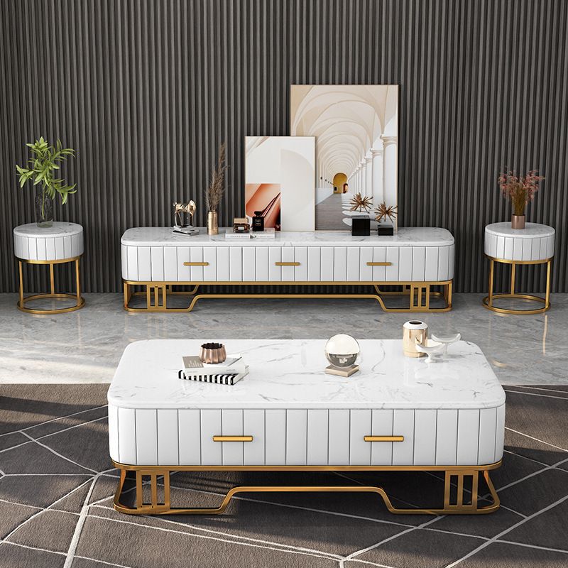 Glam Iron Frame Base Coffee Table with White Marble Top and 2 Drawers