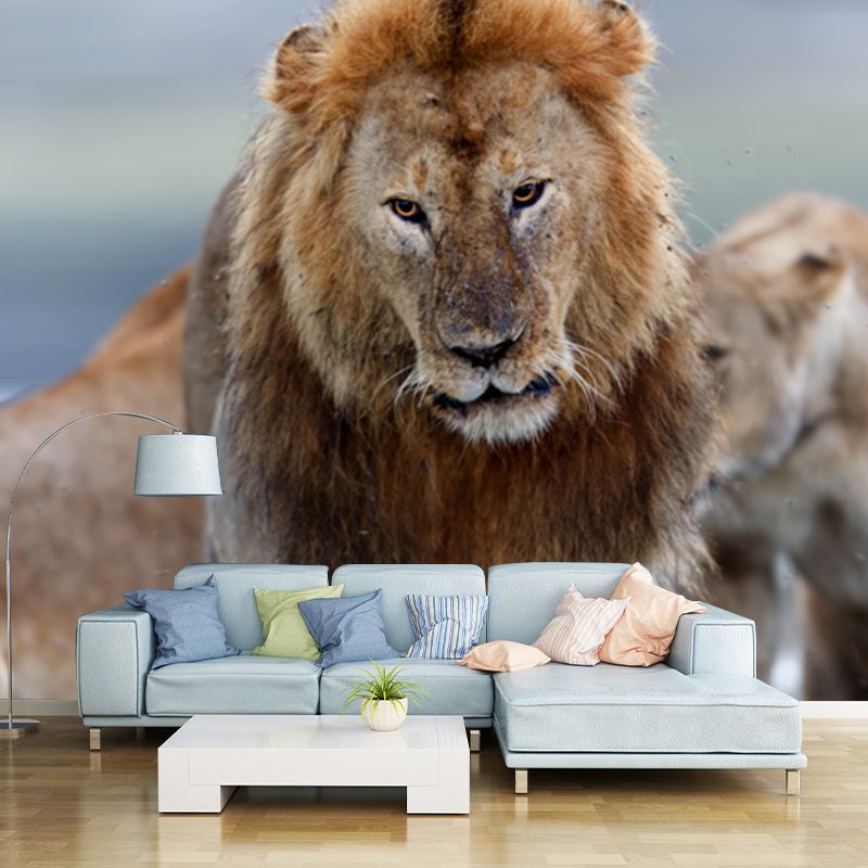 Non-Woven Big Brown Mural Modern Lion Wall Covering for Living Room, Custom Size