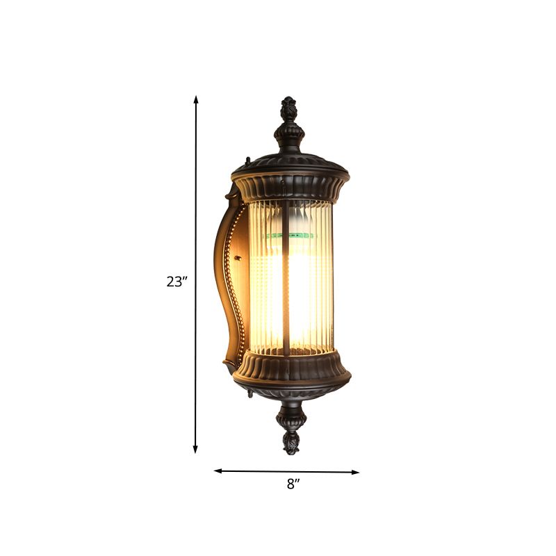 Lodge Cylindrical Sconce Fixture Single Light Clear Prismatic Glass Wall Lamp in Dark Coffee