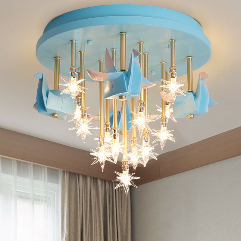 Resin Horse/Bird/Crane Ceiling Light Fixture Kids 13/16 Lights Blue/Pink Flush Mount Lighting with Clear Glass Shade