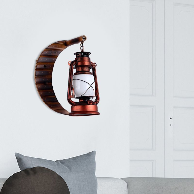 White Glass Copper Sconce Lamp Lantern 1 Light Coastal Style Wall Mounted Light with Bamboo Crescent Deco
