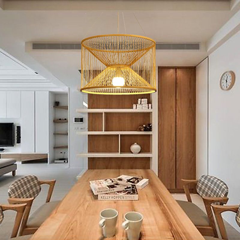 Rustic Hourglass Hanging Light Bamboo 1 Bulb Ceiling Pendant Lamp in Wood for Living Room