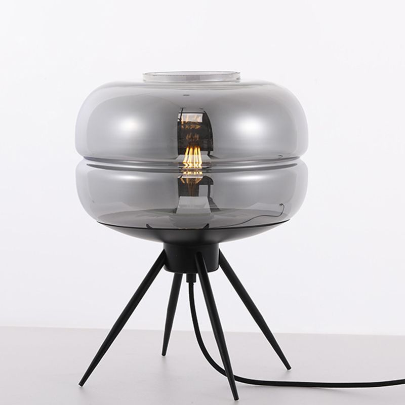 Round Bedside Small Desk Lamp Smoke Gray/Amber/Blue Glass 1 Light Modern Style Reading Book Light in Black with Tripod