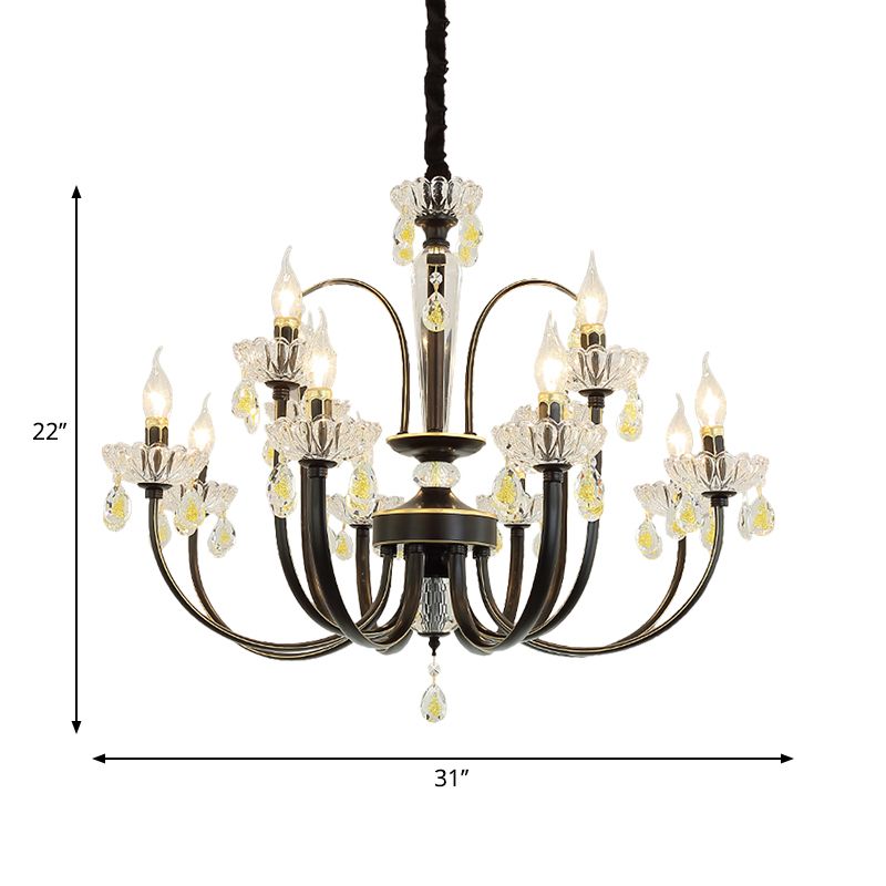 Black Candle Chandelier Lamp Rustic Metal 12/15 Lights Living Room Hanging Light Kit with Crystal Accent