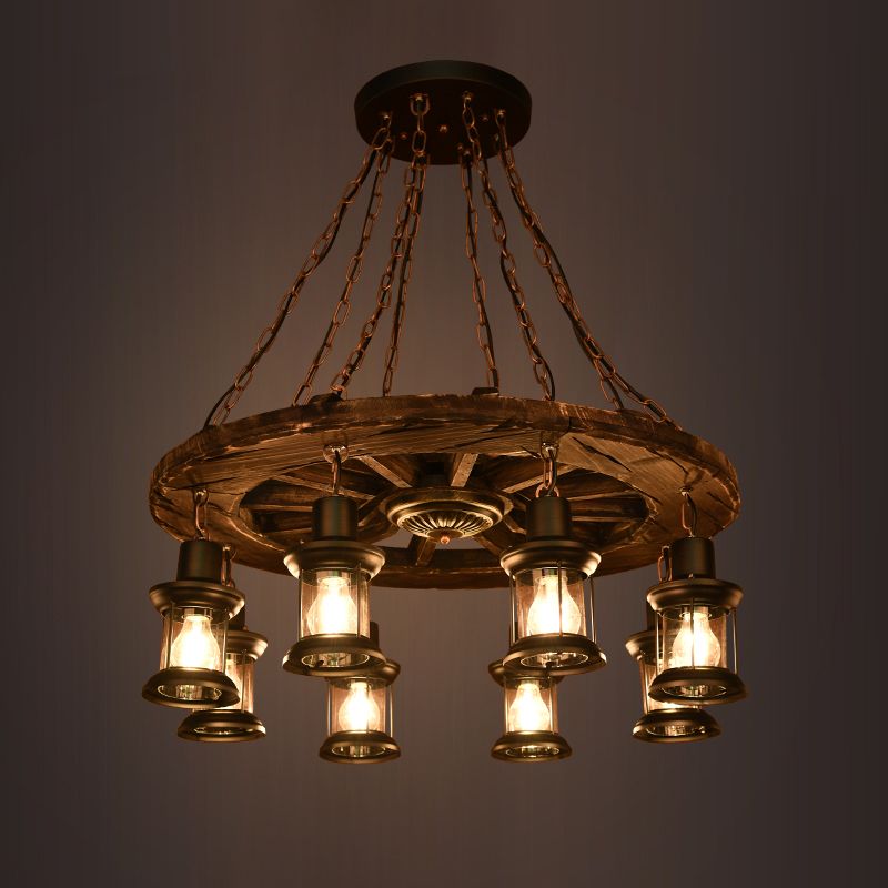 Wooden Wagon Wheel Chandelier Nautical 8-Bulb Dining Room Pendant Light Fixture with Lantern in Brown