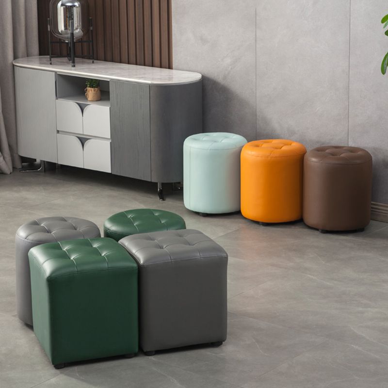 Contemporary Pouf Ottoman Genuine Leather Tufted Upholstered Solid Color Ottoman