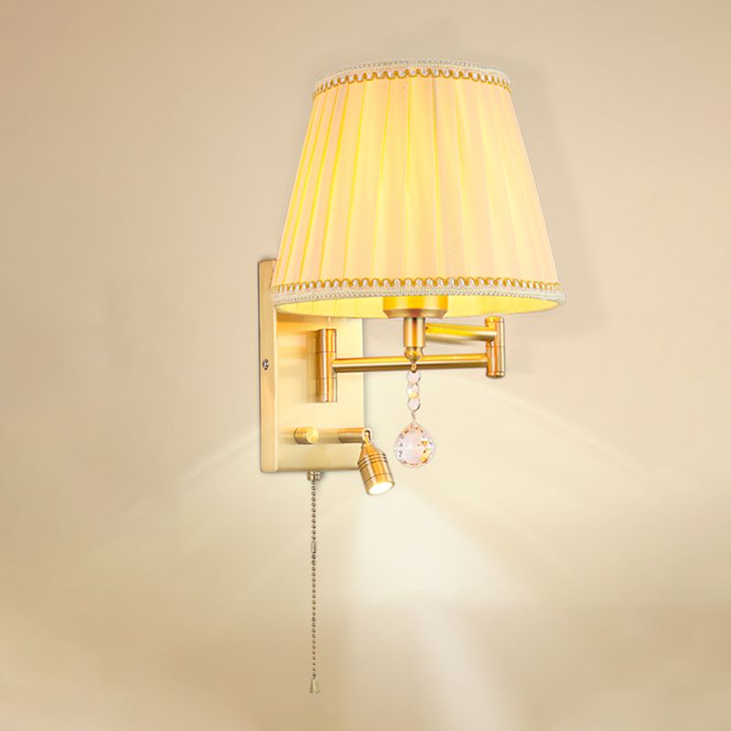 Single Light Wall Sconce in Gold Iron & Fabric Adjustable Wall Lighting Fixture