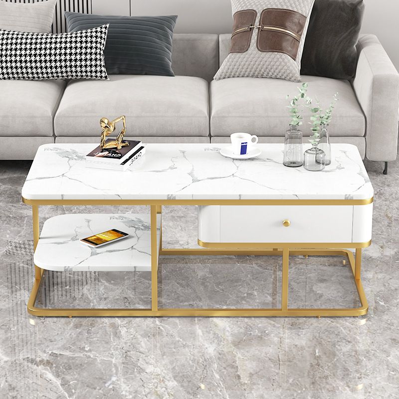 Glam Rectangle Cocktail Table with Marble Top and 1 Drawer and 1 Shelf