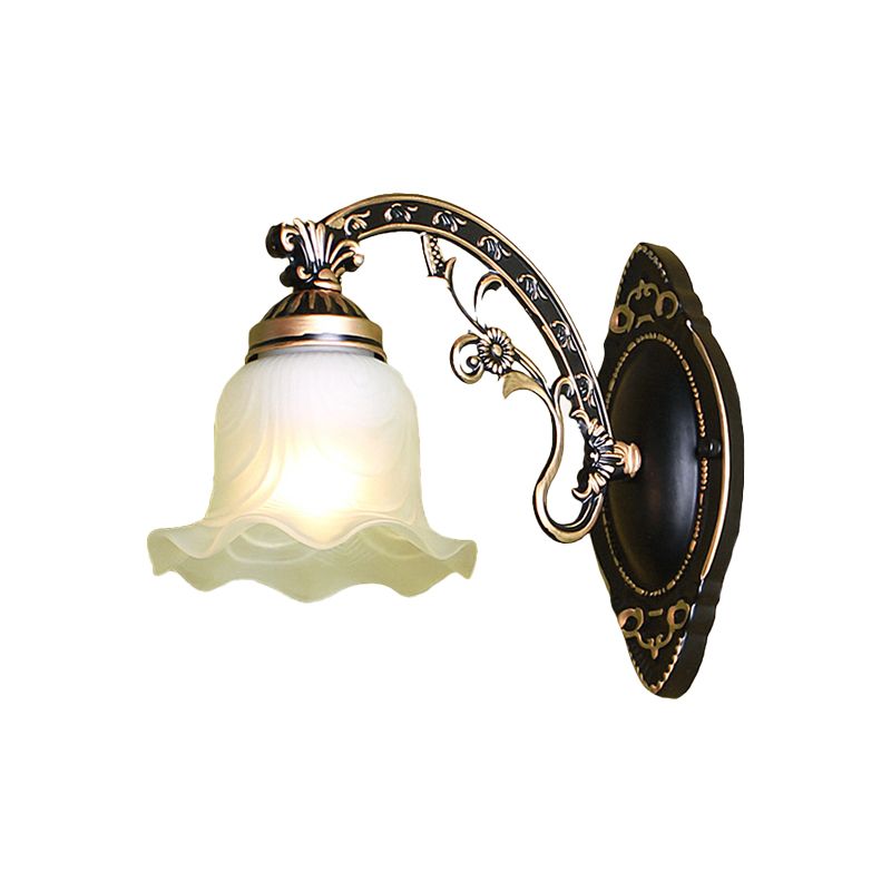 Black/White Blossom Wall Sconce Lighting Traditional Metal 1/2-Light Living Room Sconce Light with Frosted Glass Shade