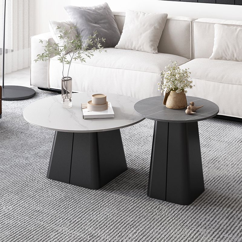Modern Steel Pedestal Coffee Table Round Slate Top Table Set