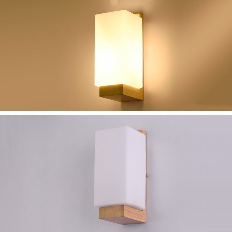 Nordic Wood Wall Light Cuboid 9" Wide Wall Sconce with White Glass for Bedroom