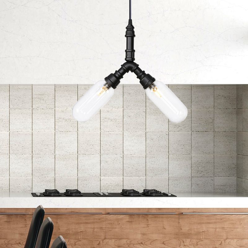 Vintage Water Pipe Chandelier Pendant Light 2/3/4-Light Iron LED Hanging Ceiling Lamp in Black with Capsule Clear Glass Shade